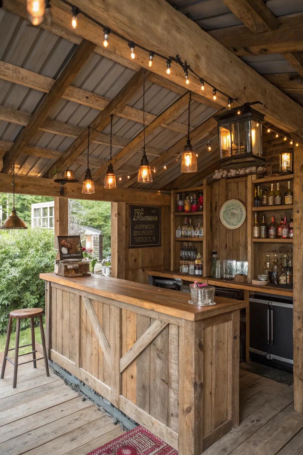A rustic she shed bar featuring reclaimed wood and vintage decor.