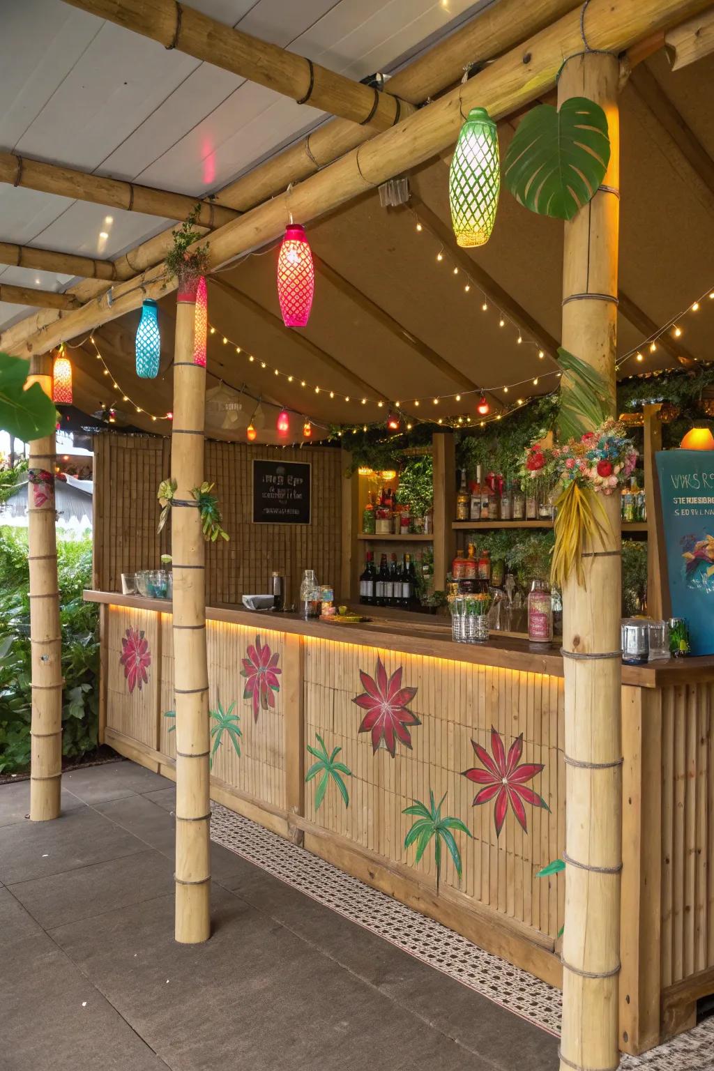 A vibrant tiki bar theme inside a she shed, perfect for tropical vibes.