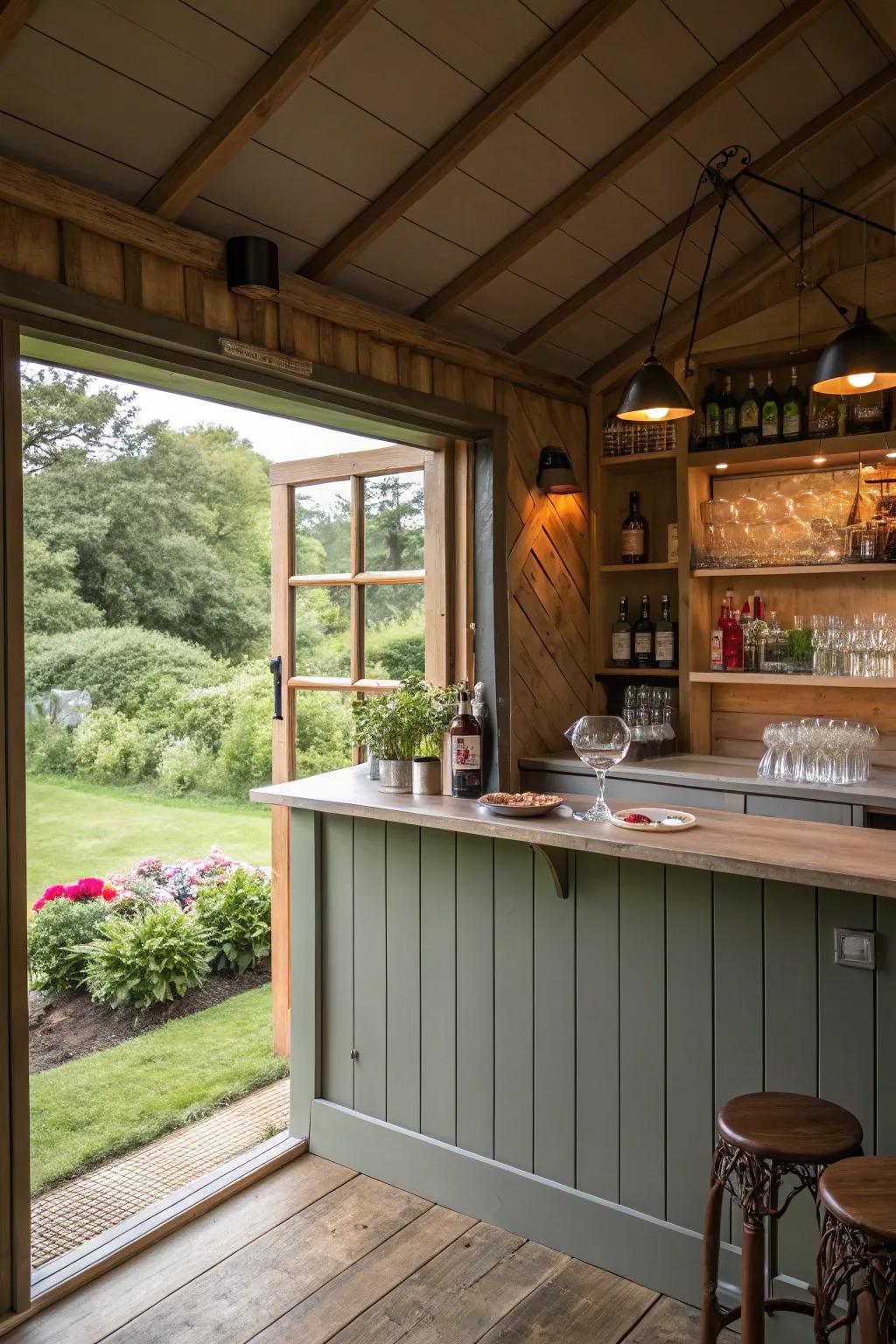 An open serving counter connecting the she shed bar with the garden.
