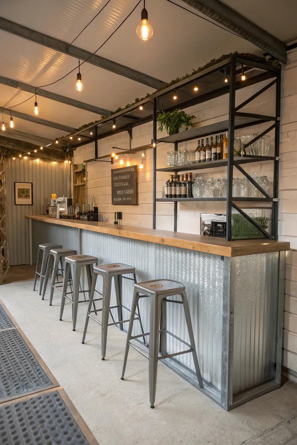 An industrial chic she shed bar with modern metal elements.