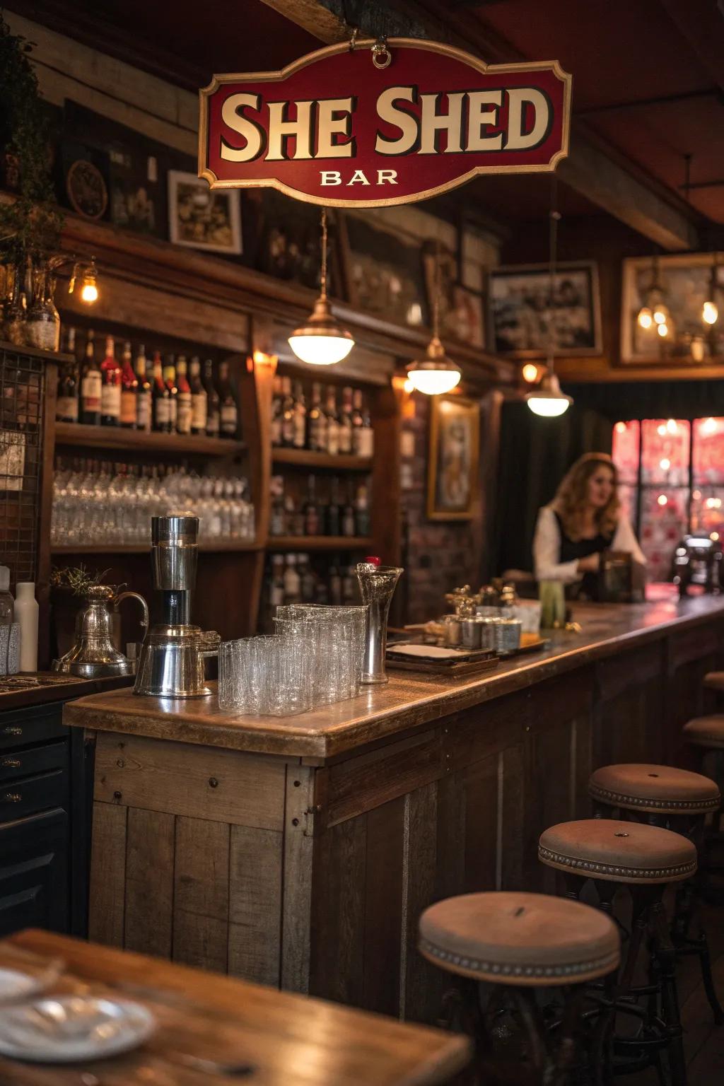 A she shed bar infused with vintage charm and retro details.