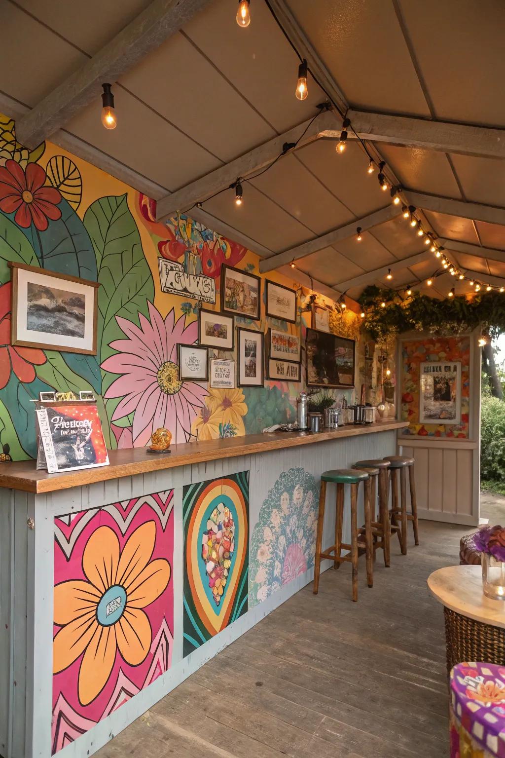 A she shed bar with artistic flair, adorned with vibrant murals.