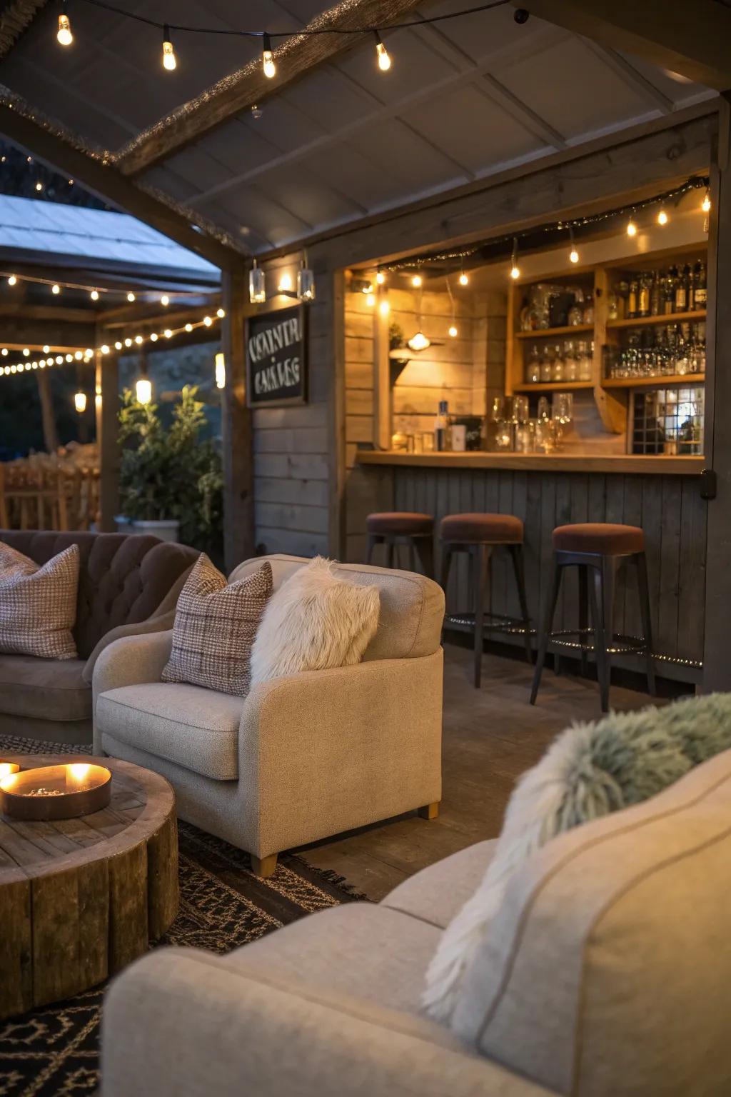 A cozy corner with inviting seating in a she shed bar.