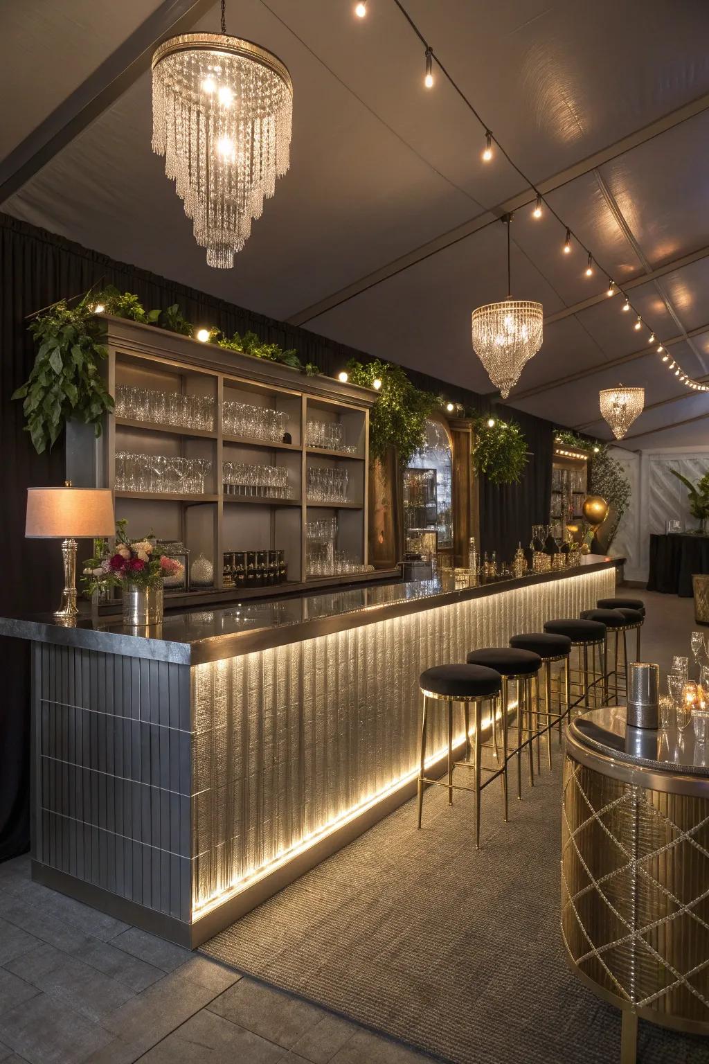 A glamorous she shed bar featuring metallic finishes and elegant touches.