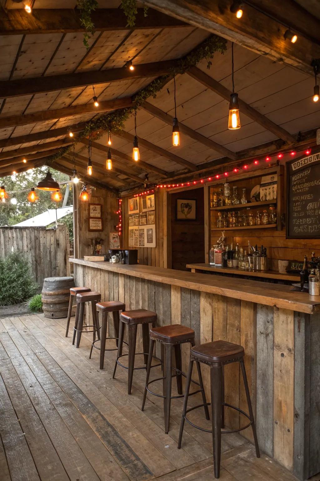 An eco-friendly she shed bar with sustainable design elements.