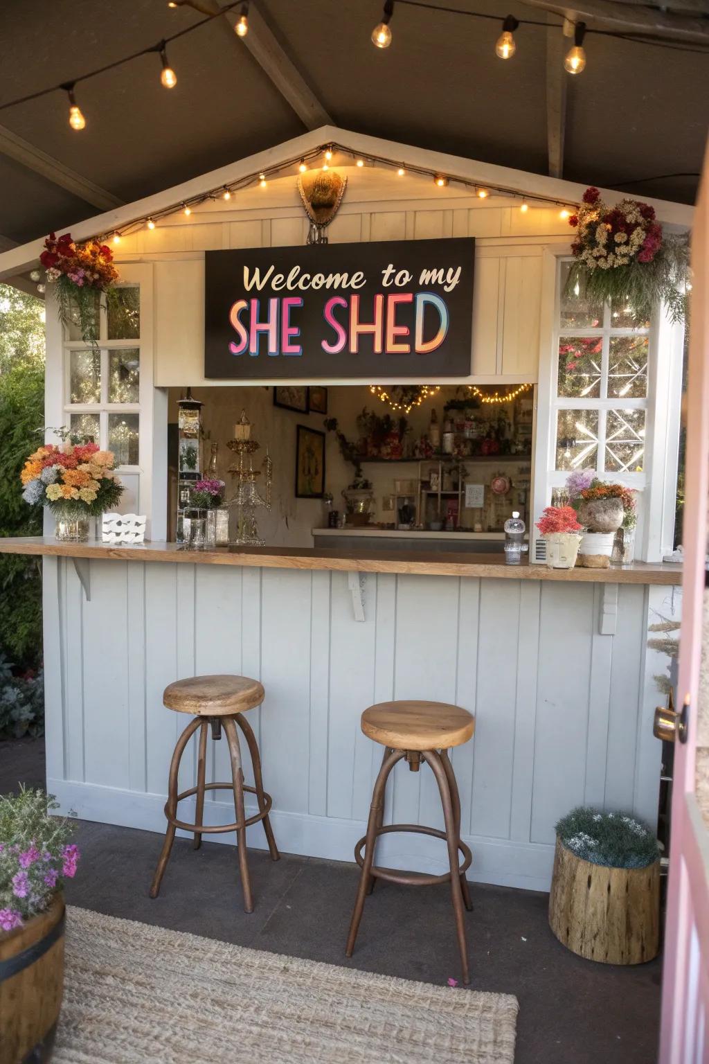 A she shed bar with charming personalized signage adding character.