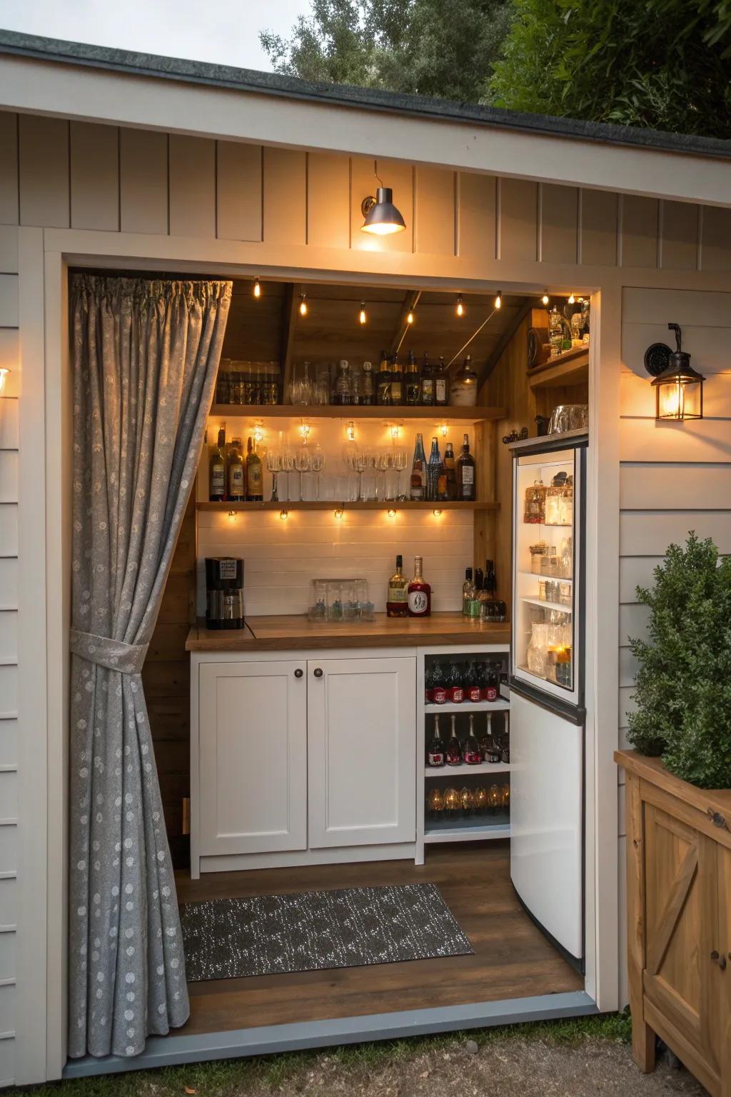A she shed bar with a secret nook for discreet storage of bar essentials.