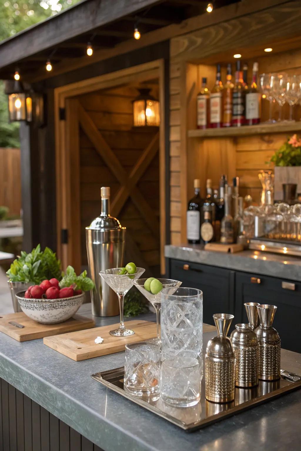 A she shed bar equipped for mixology with all the essentials.
