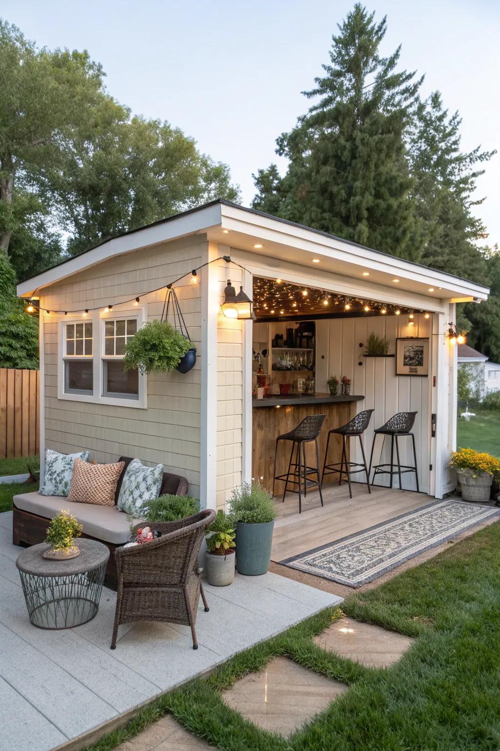 A she shed bar seamlessly extending into an outdoor patio space.