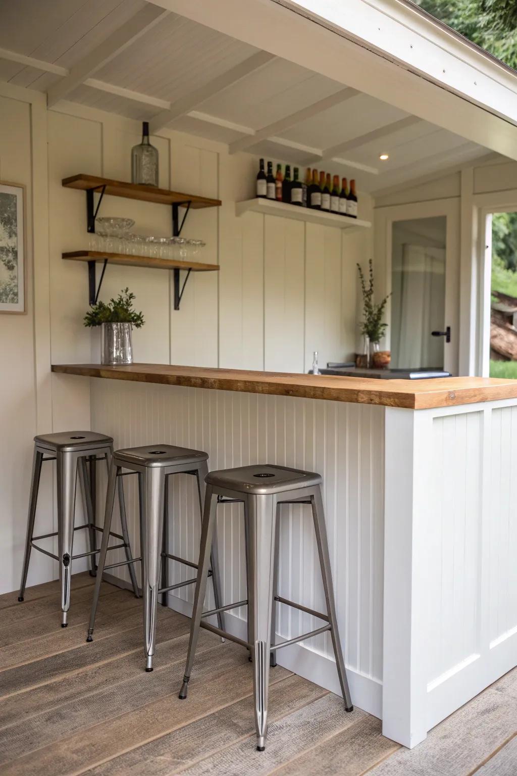 A minimalist she shed bar exuding elegance and sophistication.