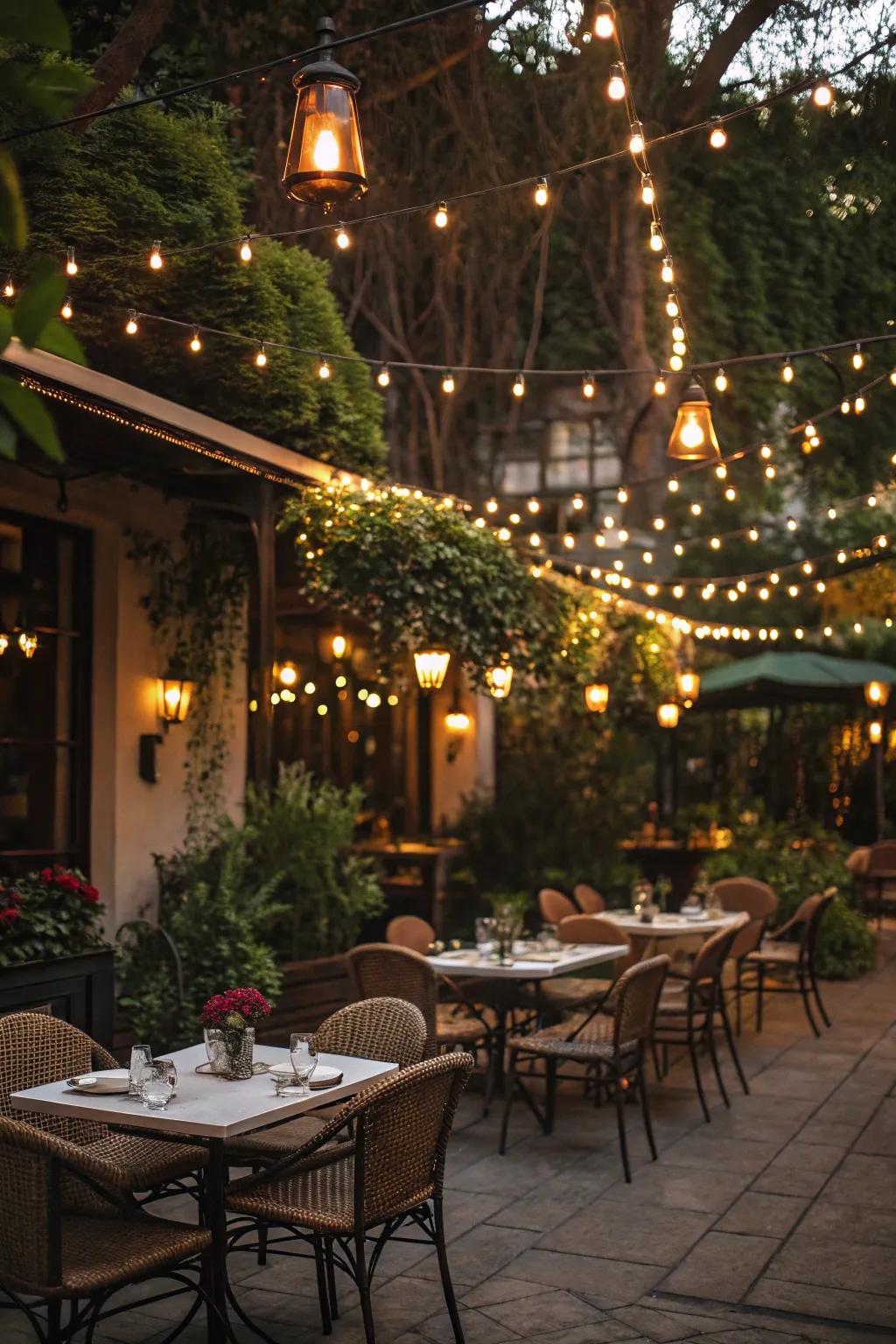 String lights create a warm glow over the dining area.