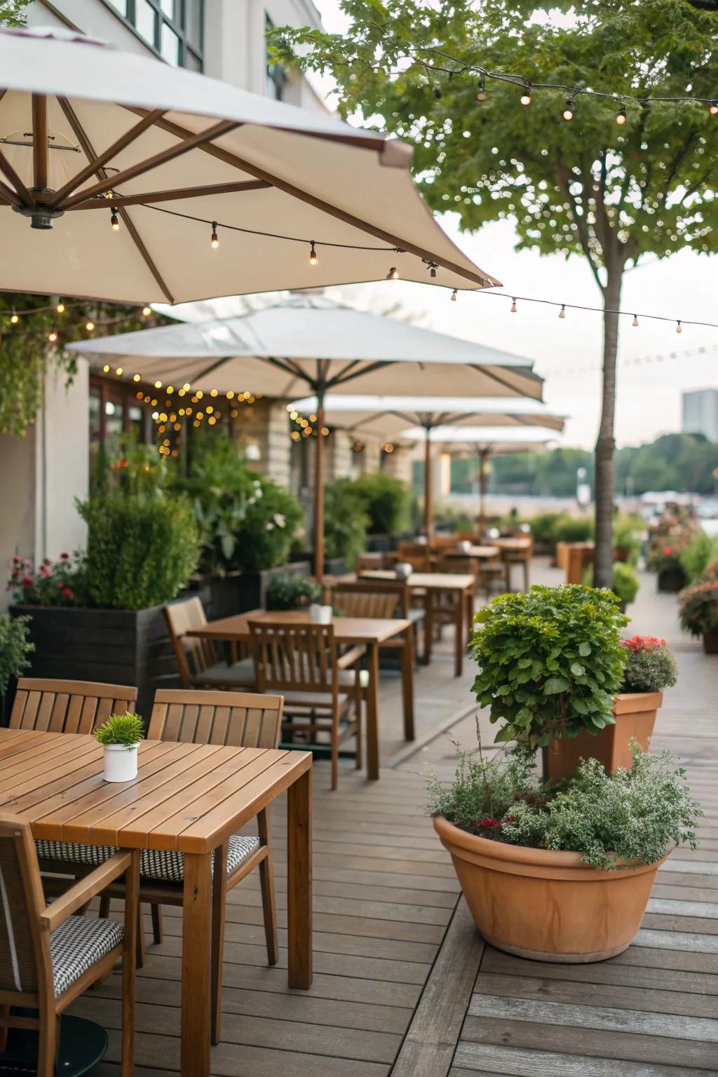Wooden tables and abundant plants create a natural retreat.