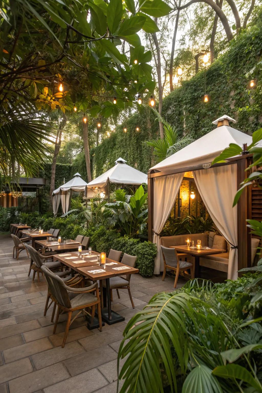 Intimate nooks with greenery offer private dining spaces.