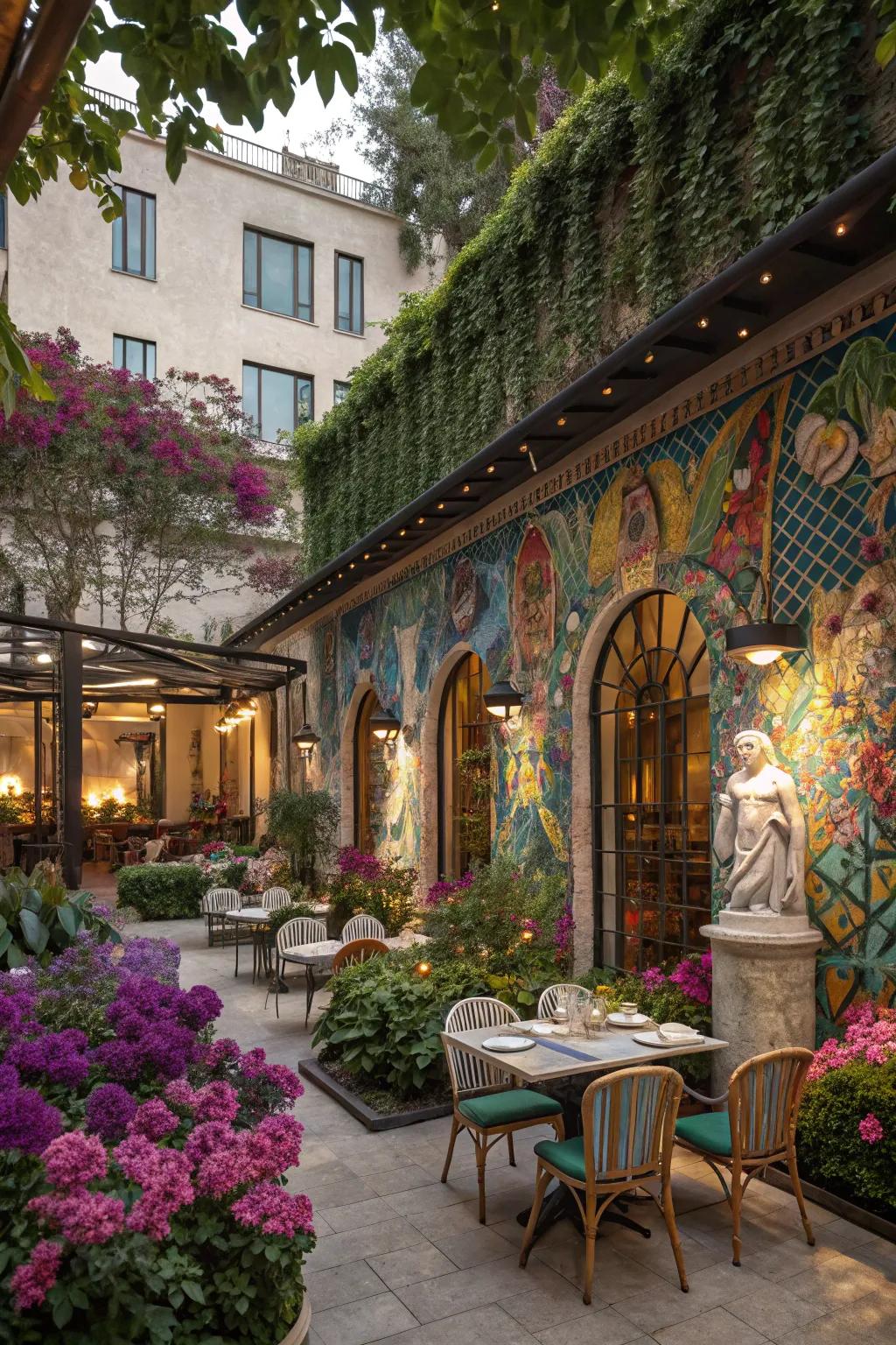 Artistic elements add a unique flair to the dining space.