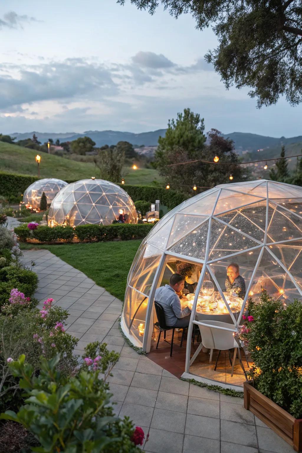 Convertible igloos offer a whimsical and warm dining spot.