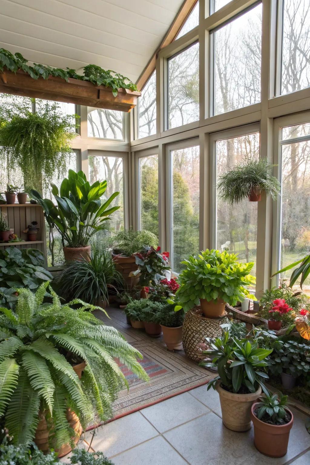 A green oasis created with lush potted plants in the sunroom.