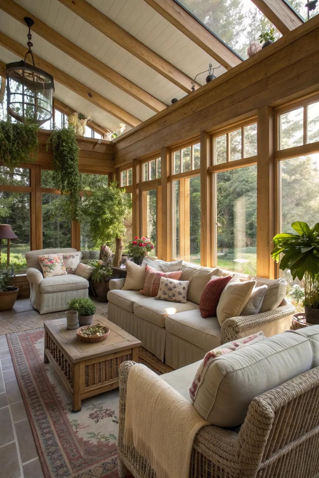 Comfortable seating in the sunroom with cozy sofas and cushions.