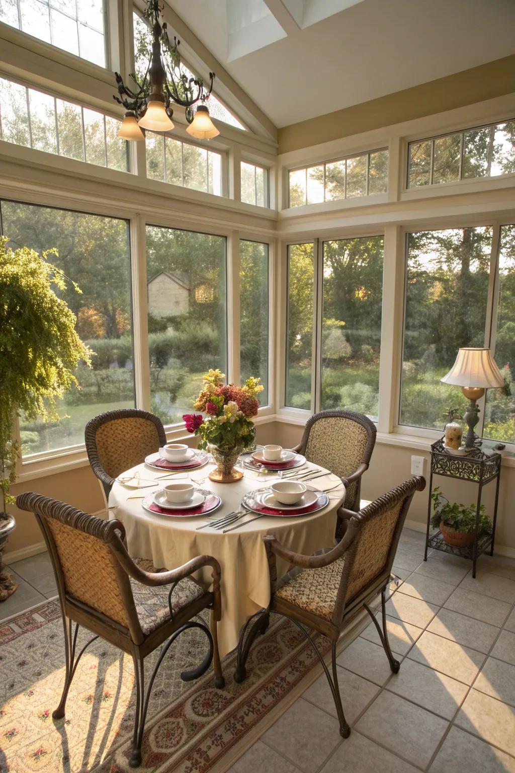 A sunroom dining area set for a meal in natural light.