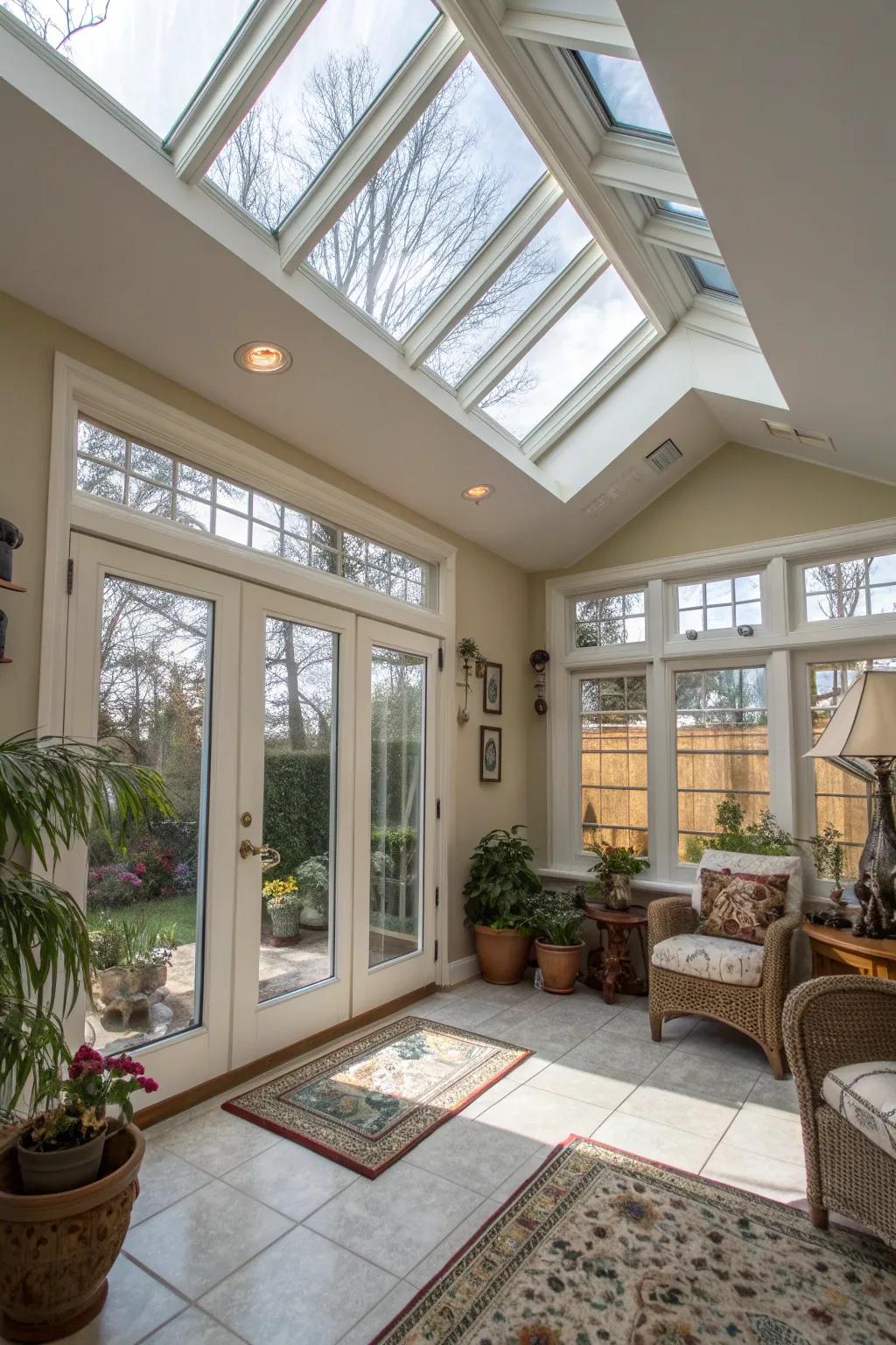 Decorative windows and skylights adding charm to the sunroom.