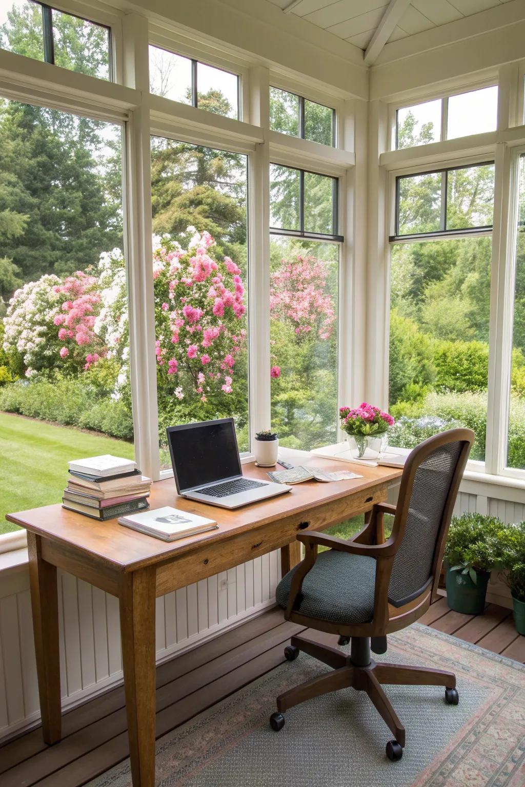 A home office setup in the sunroom with views of the garden.