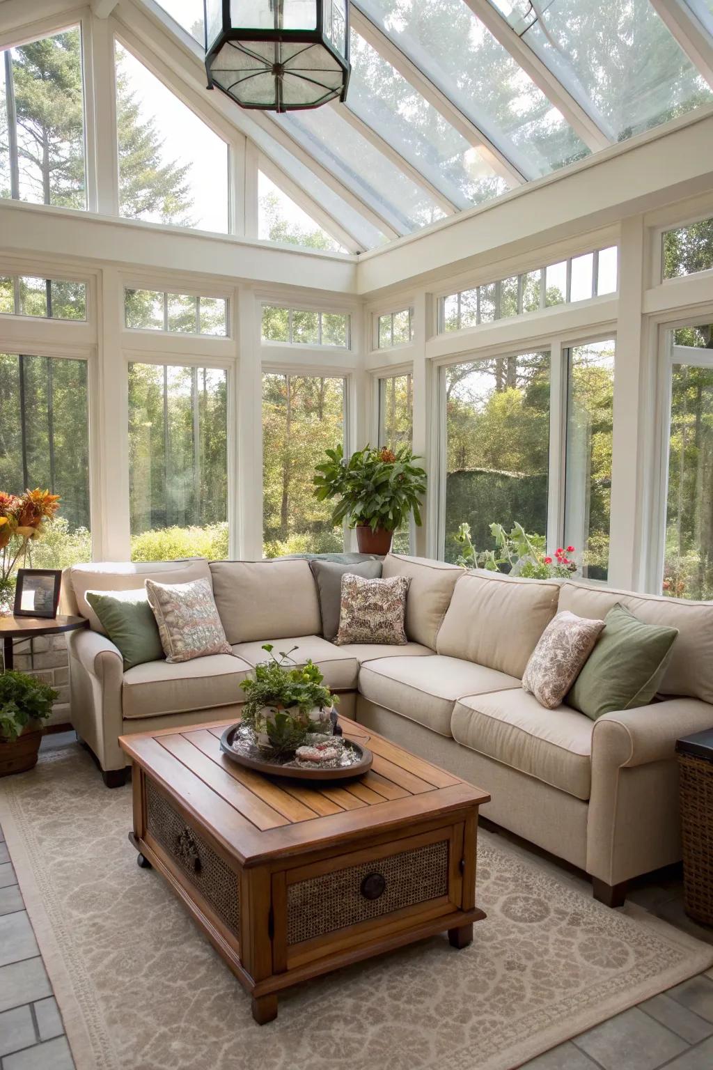 A comfortable lounge area in the sunroom for relaxation.