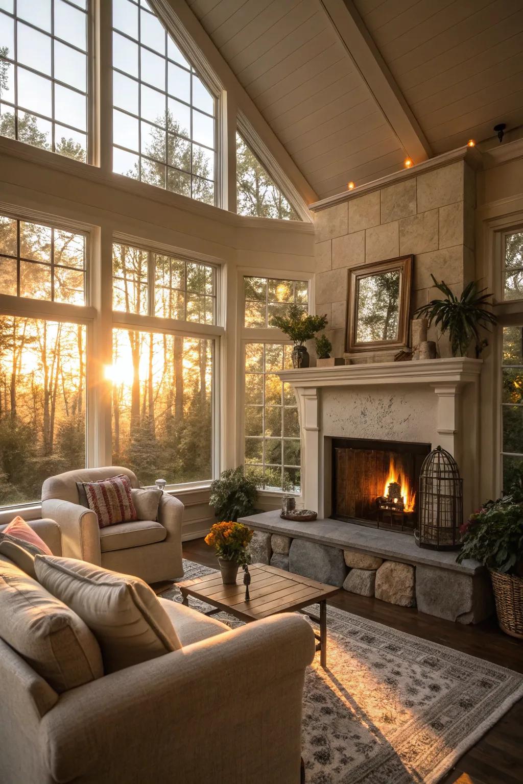 A cozy sunroom with a fireplace for year-round enjoyment.
