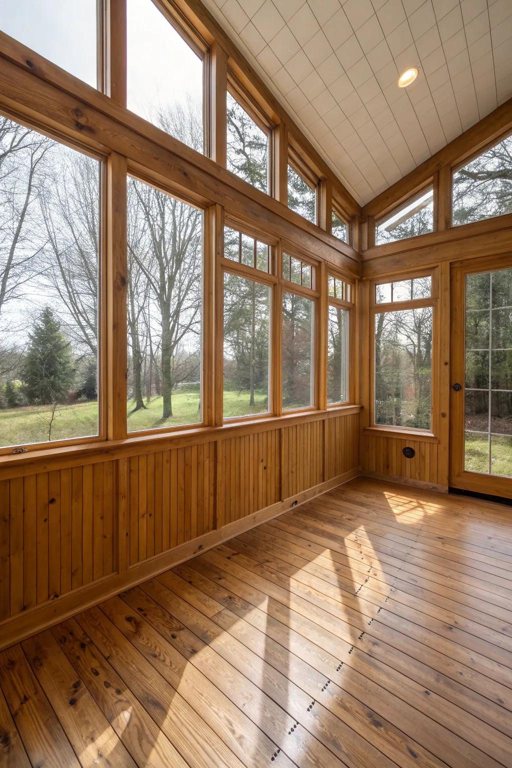 Wood elements adding texture and warmth to the sunroom.