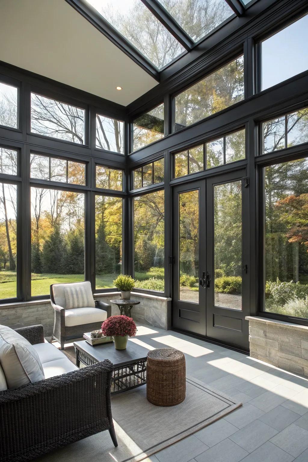 Dark window frames adding a modern touch to the sunroom.