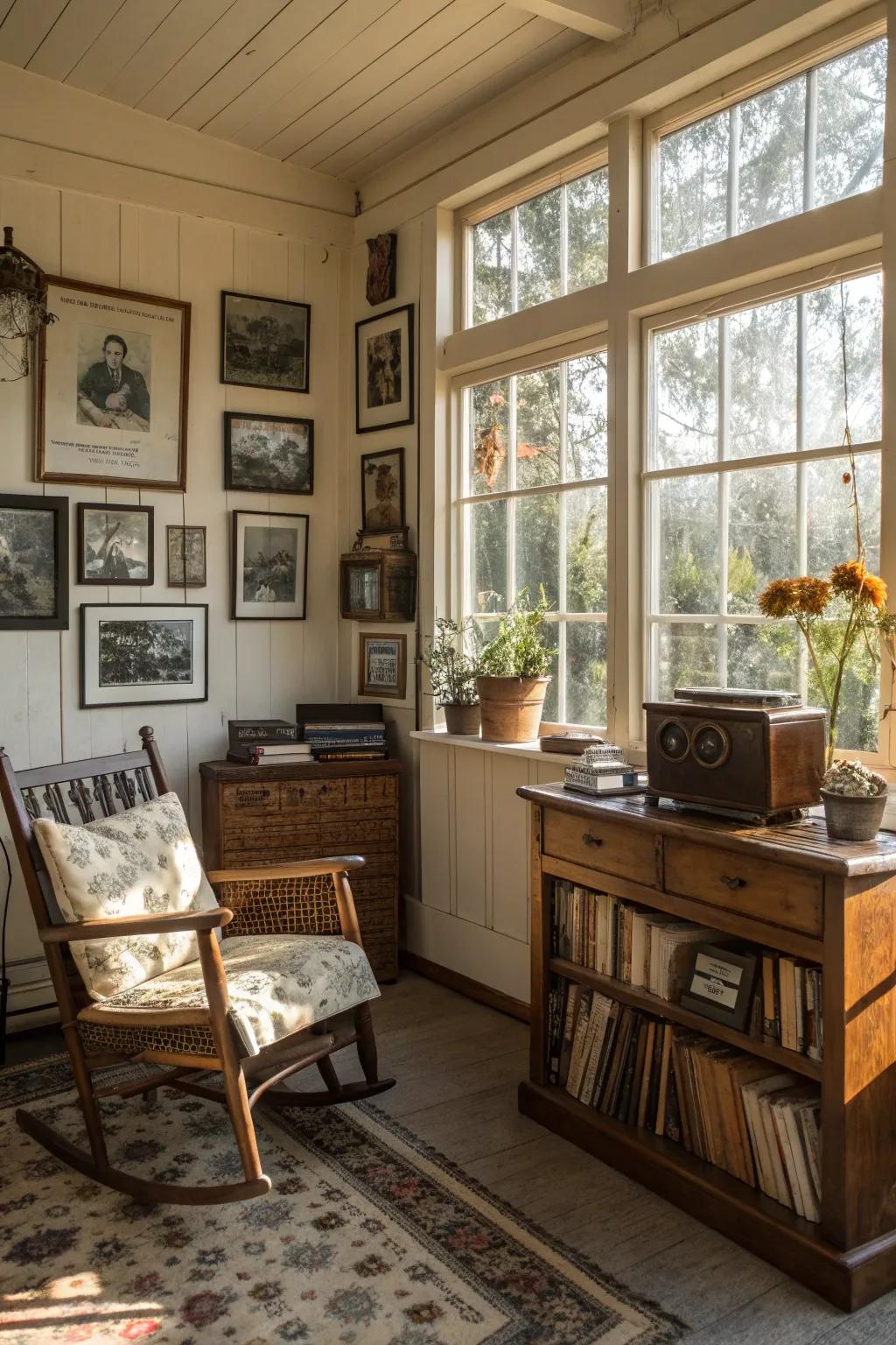 A vintage-inspired sunroom with charming antique decor.