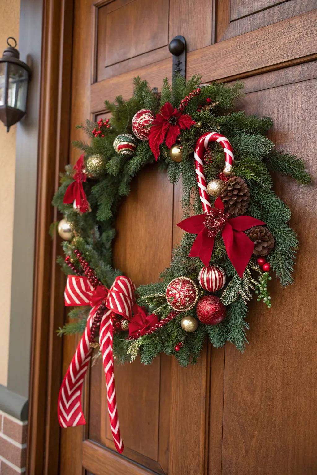 Classic Christmas charm with a red and green swag wreath.