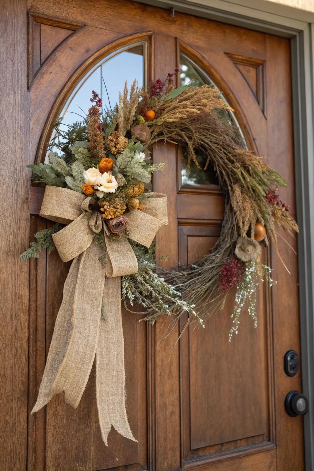 Rustic charm with burlap and dried flowers.
