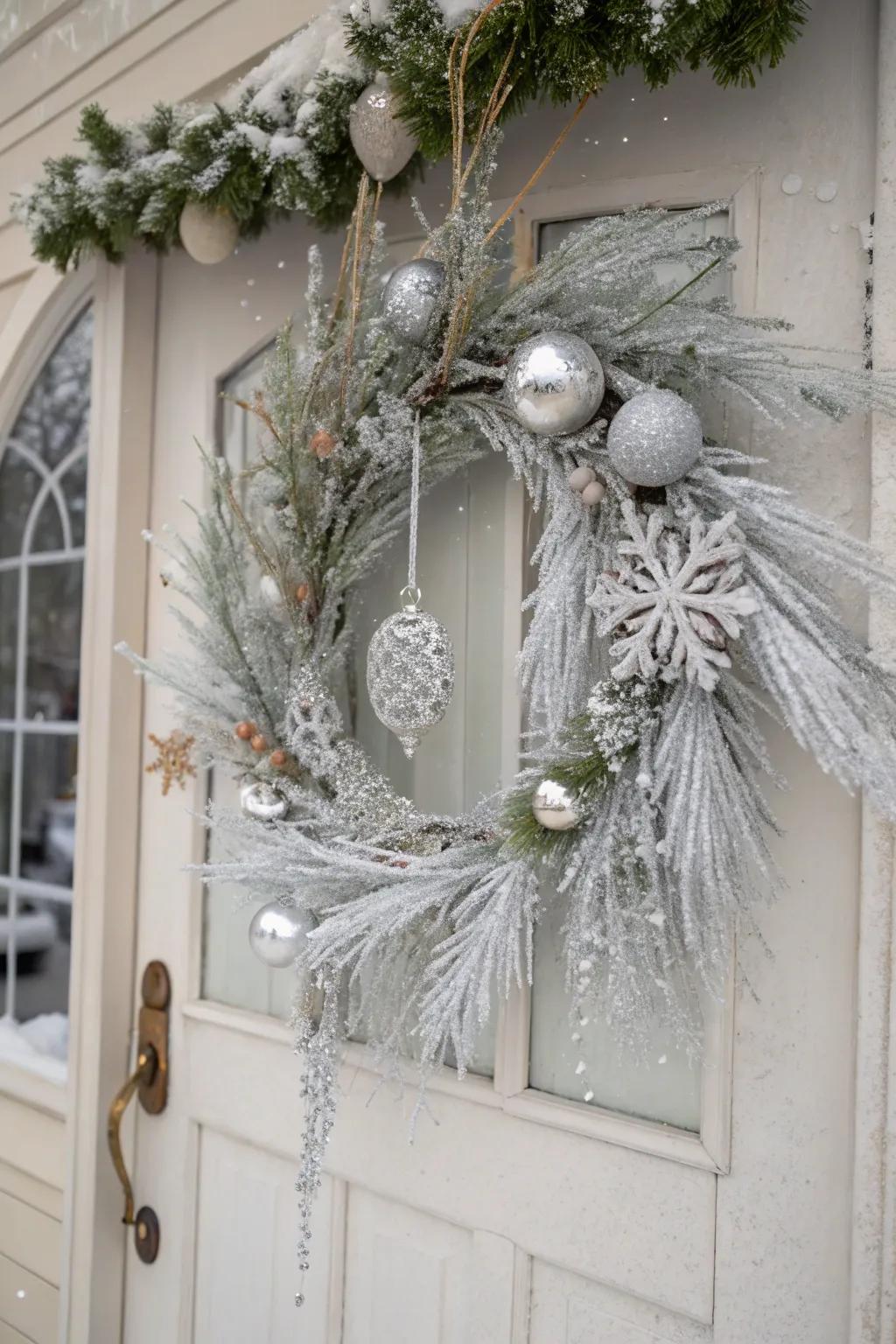 Step into a winter wonderland with a frosty wreath.