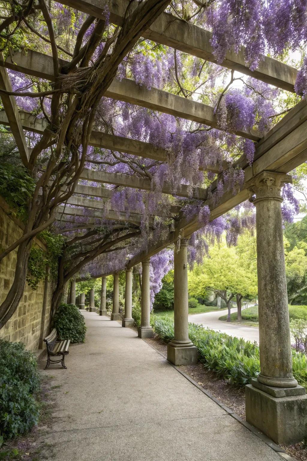 A peaceful pergola with wisteria providing natural shade.