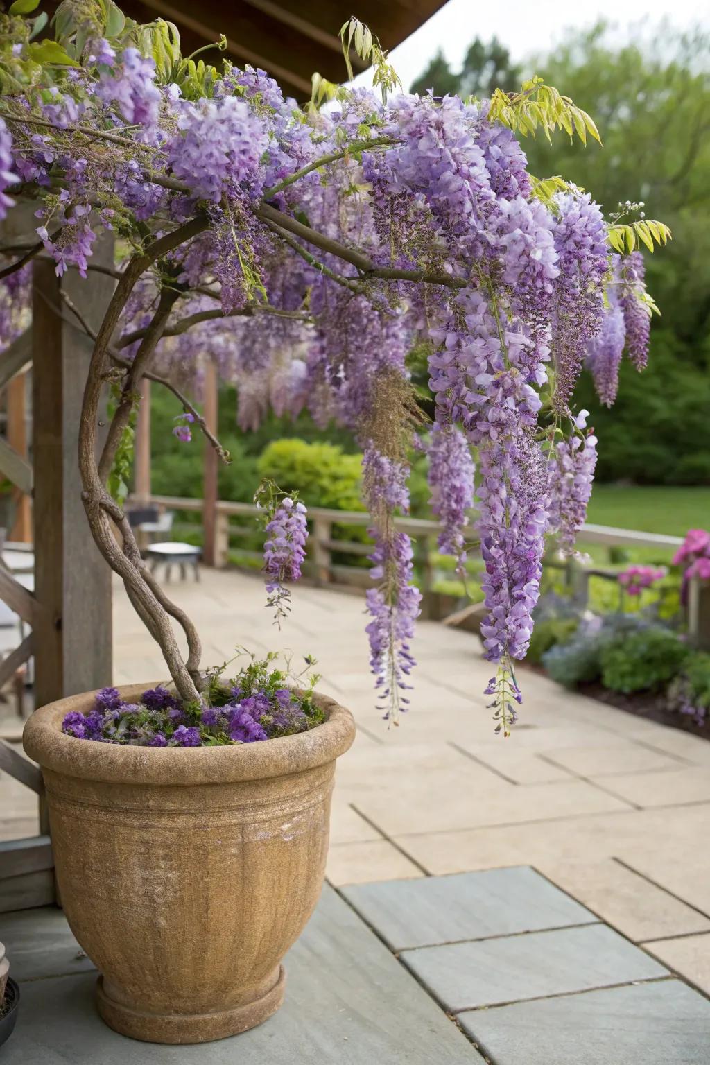 A vibrant potted wisteria bringing life to a small patio.