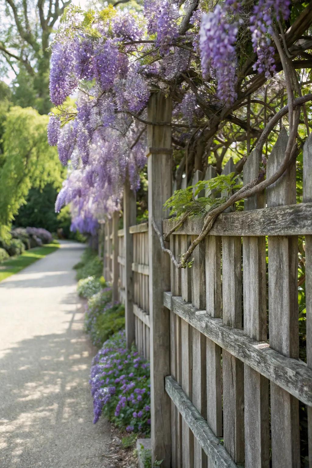 A blooming boundary with wisteria-covered fence.