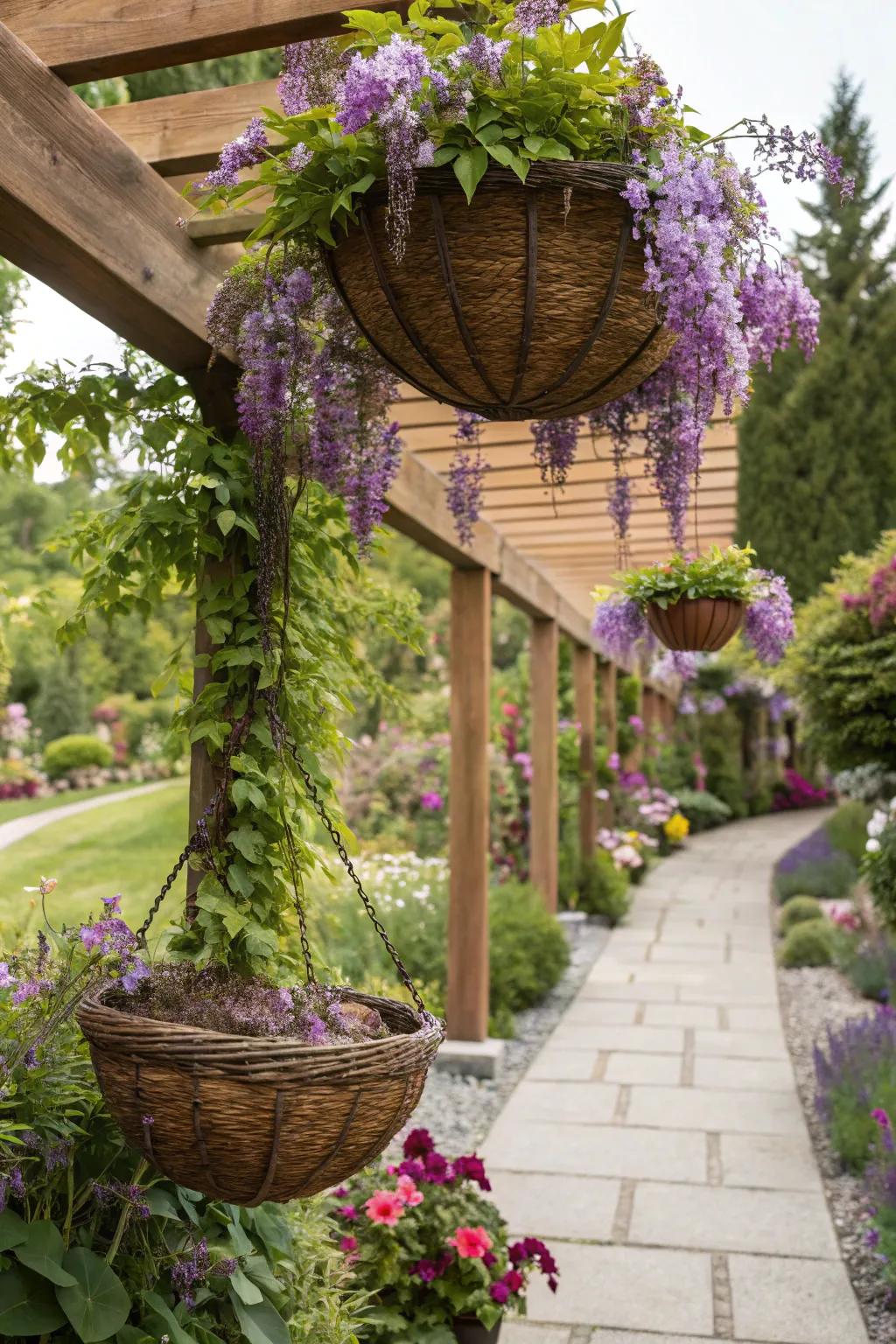 Eye-catching wisteria in hanging baskets.