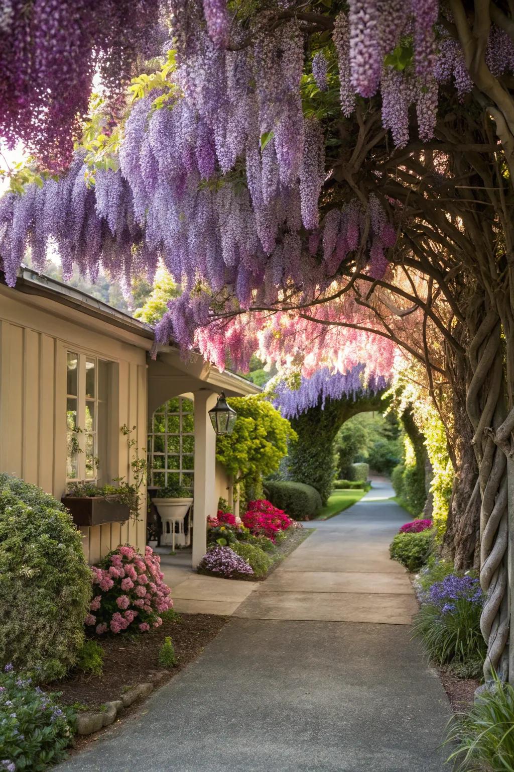 A grand driveway entrance with wisteria-lined beauty.