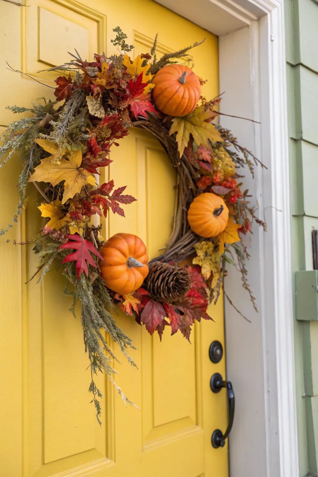 A playful pumpkin-themed wreath perfect for fall.