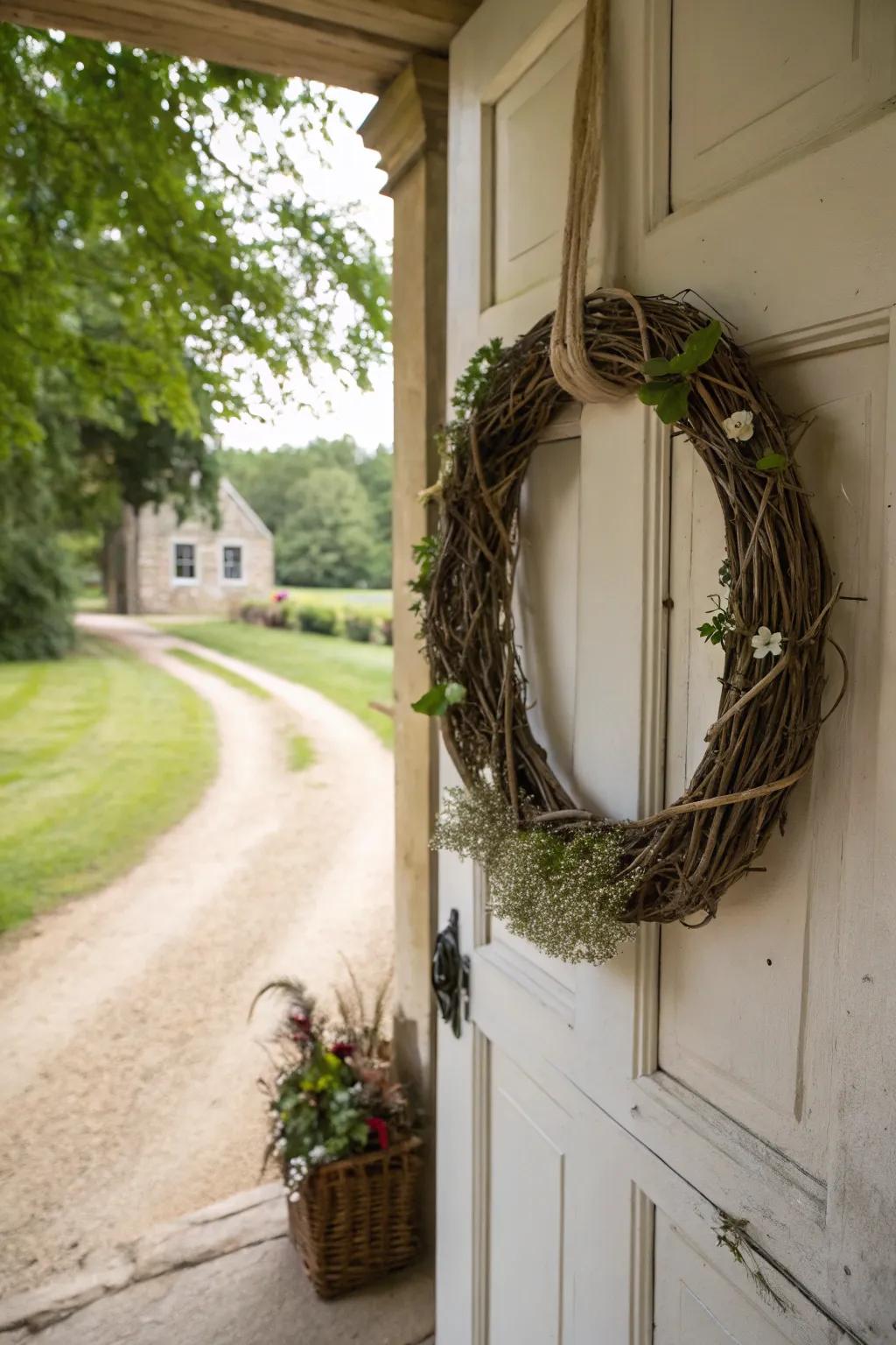 A rustic twig and twine wreath that exudes natural charm.