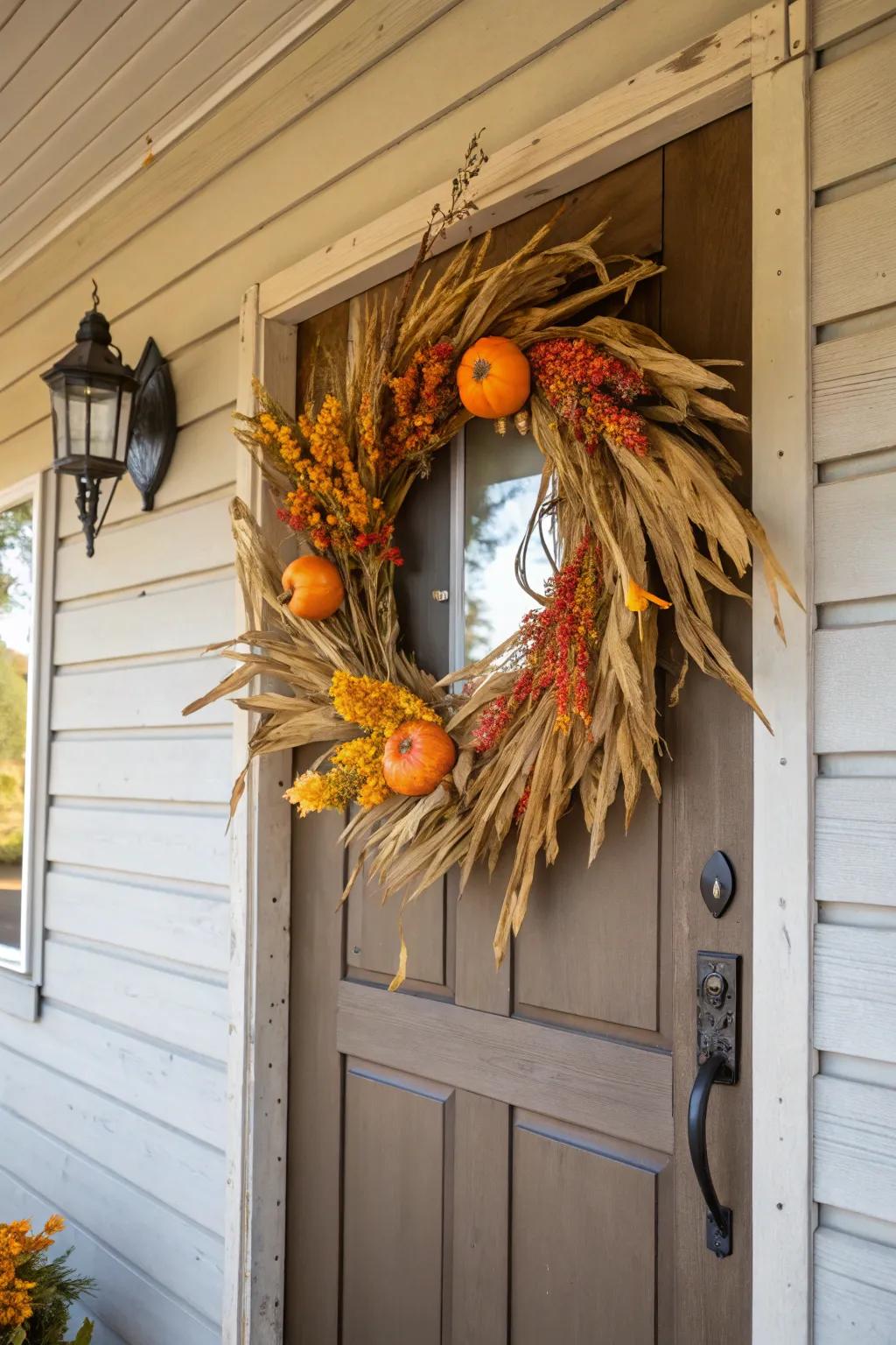 A harvest-themed wreath with unique corn husk accents.