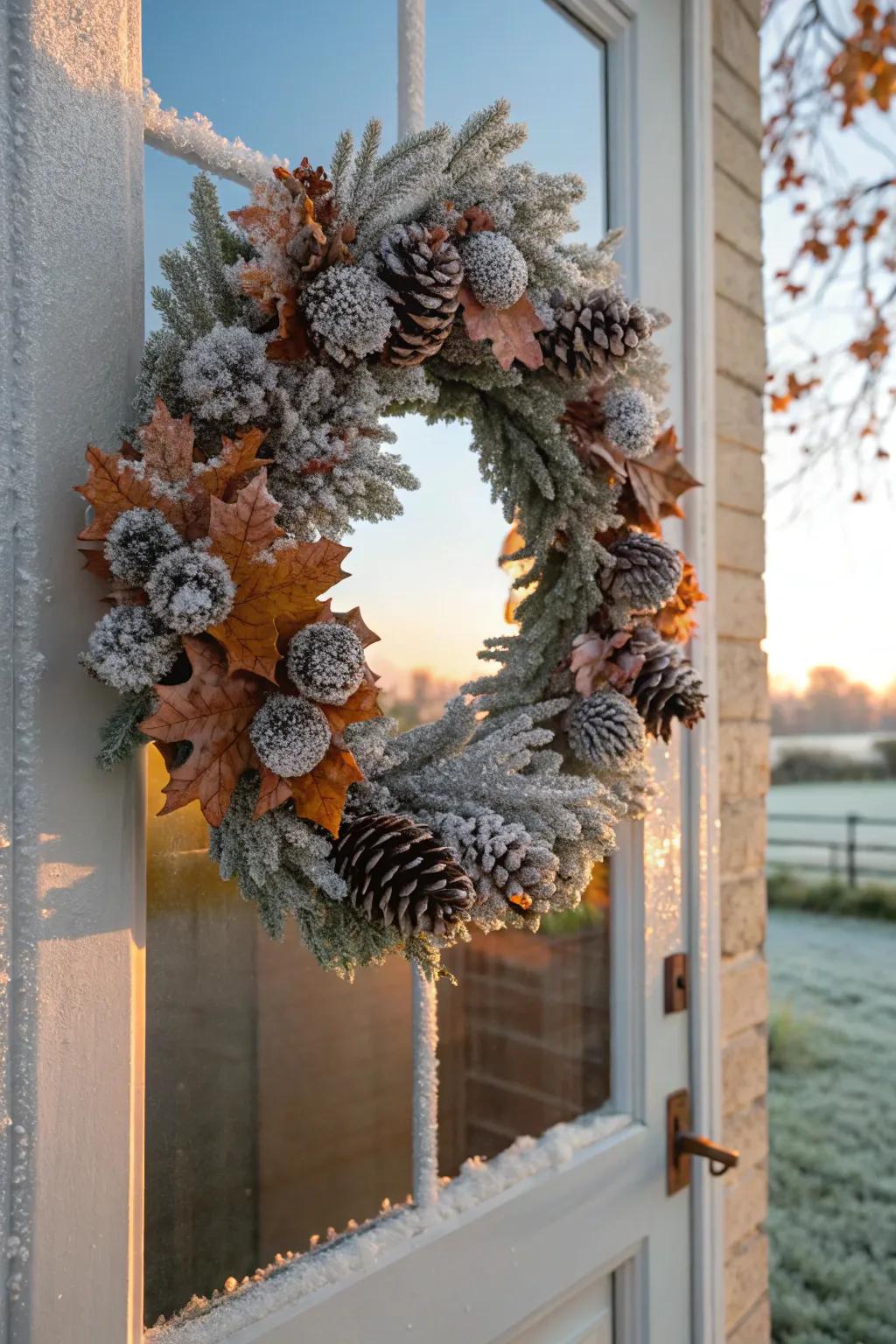 Frosted elegance: a wreath that bridges fall and winter beautifully.