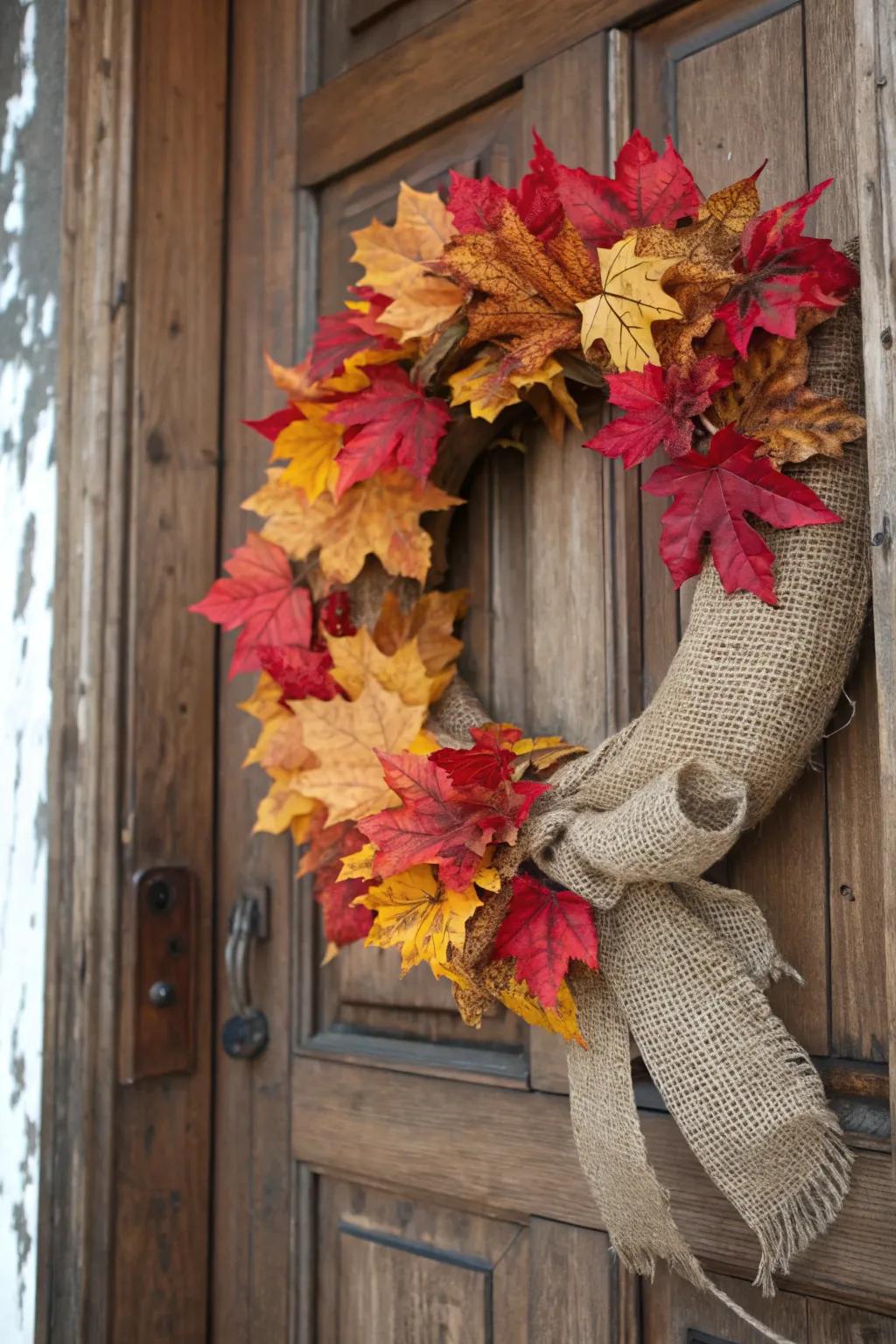 Rustic charm with burlap: a cozy fall wreath idea.