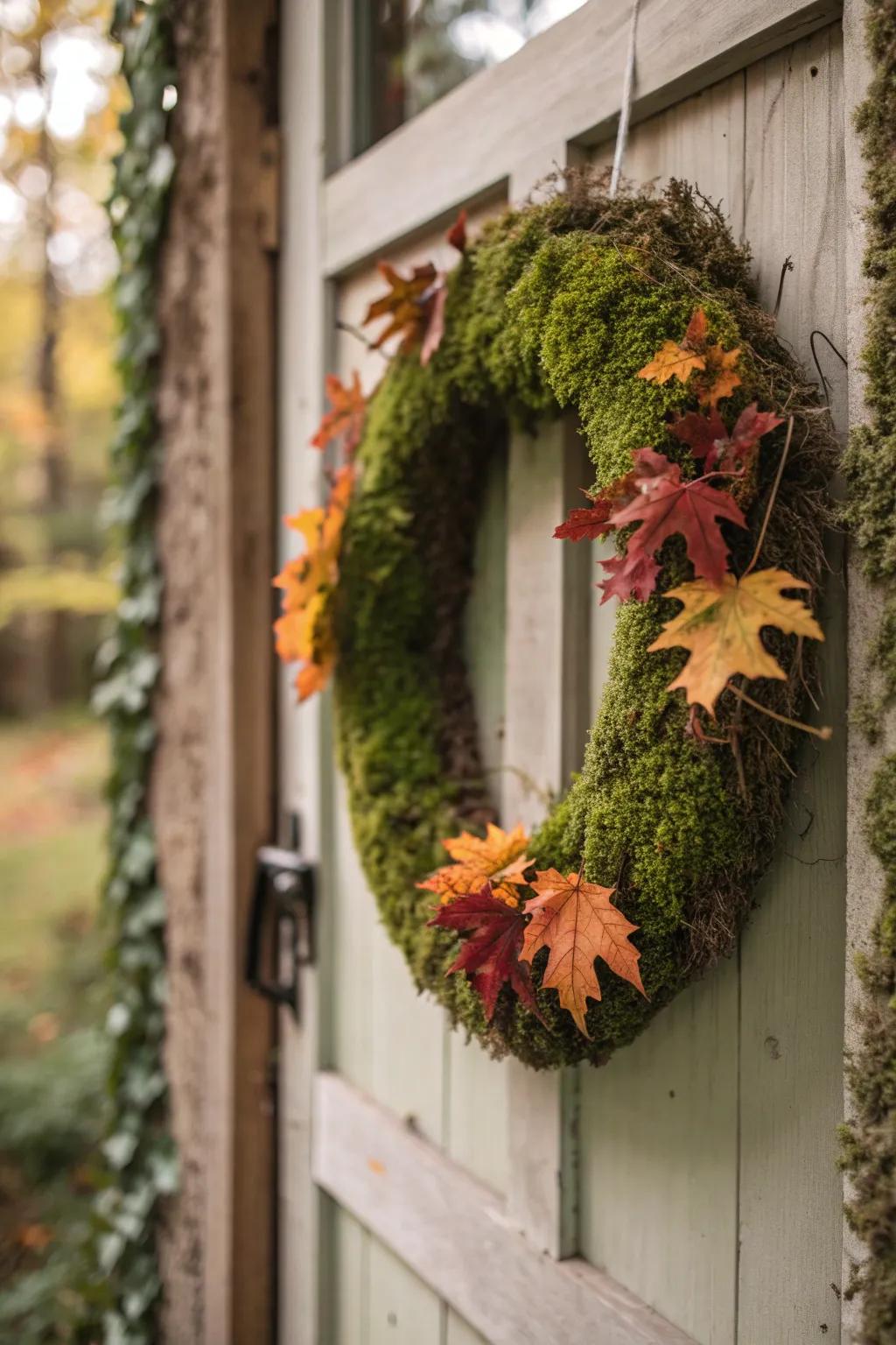 Mossy marvel: a lush and green fall wreath.