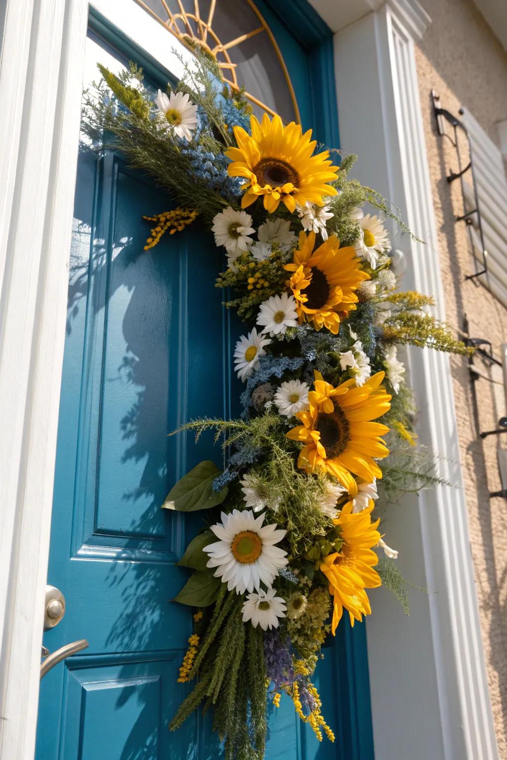 Sunflowers and daisies make for a sunny welcome.
