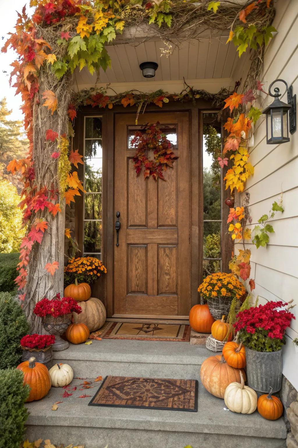 Autumn harvest elements create a rustic door swag.