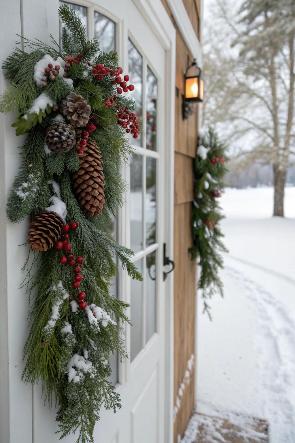 Evergreens and frosted berries evoke a winter wonderland.