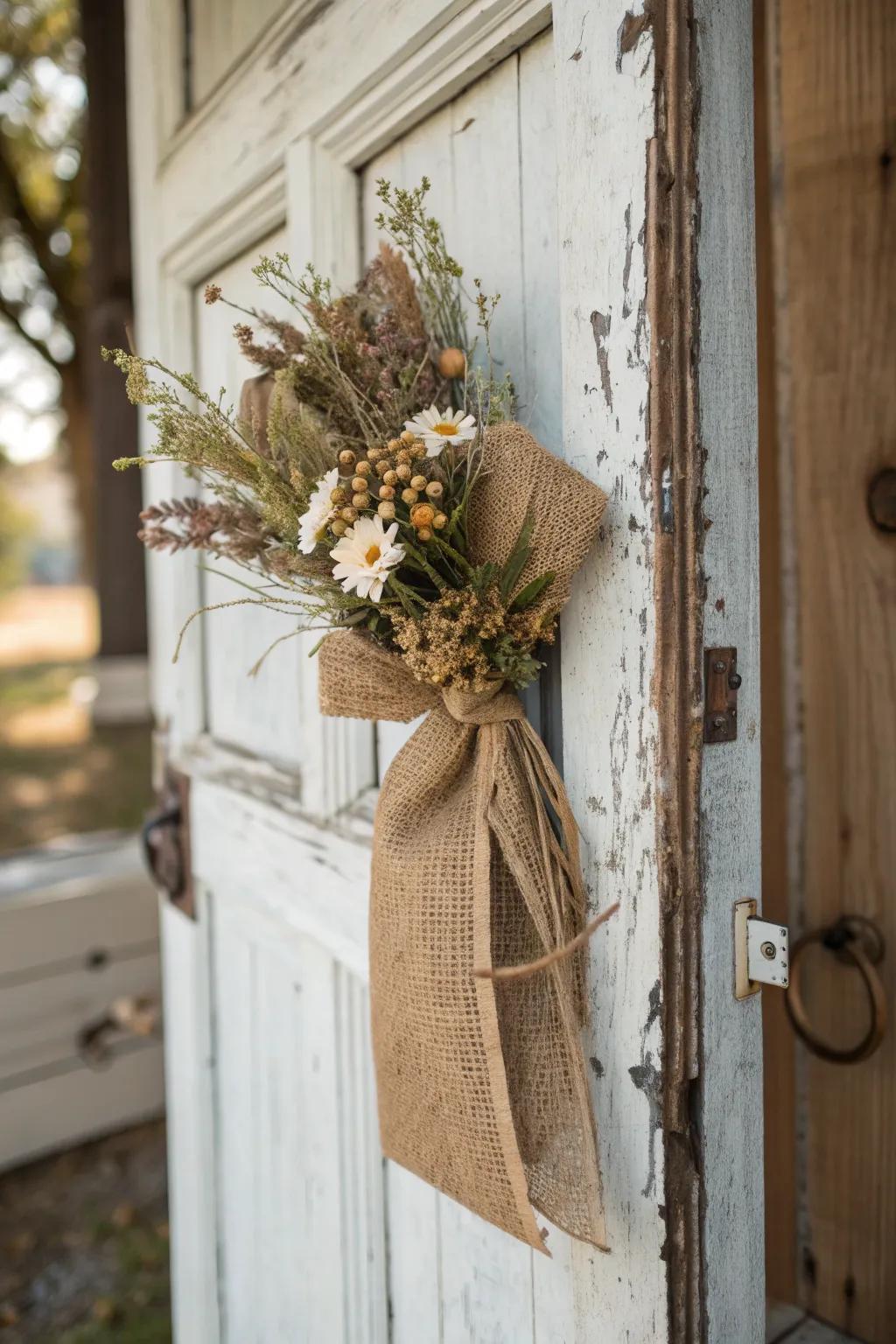 Burlap and dried flowers create rustic charm.