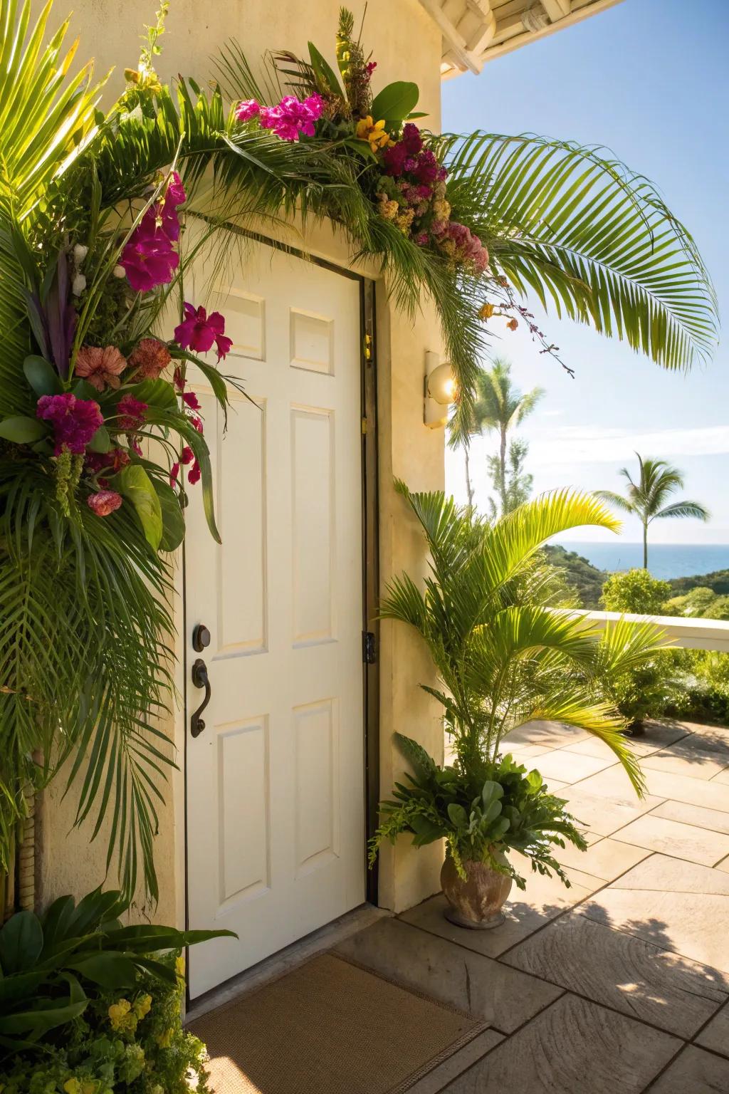 Palm fronds and orchids bring tropical vibes.