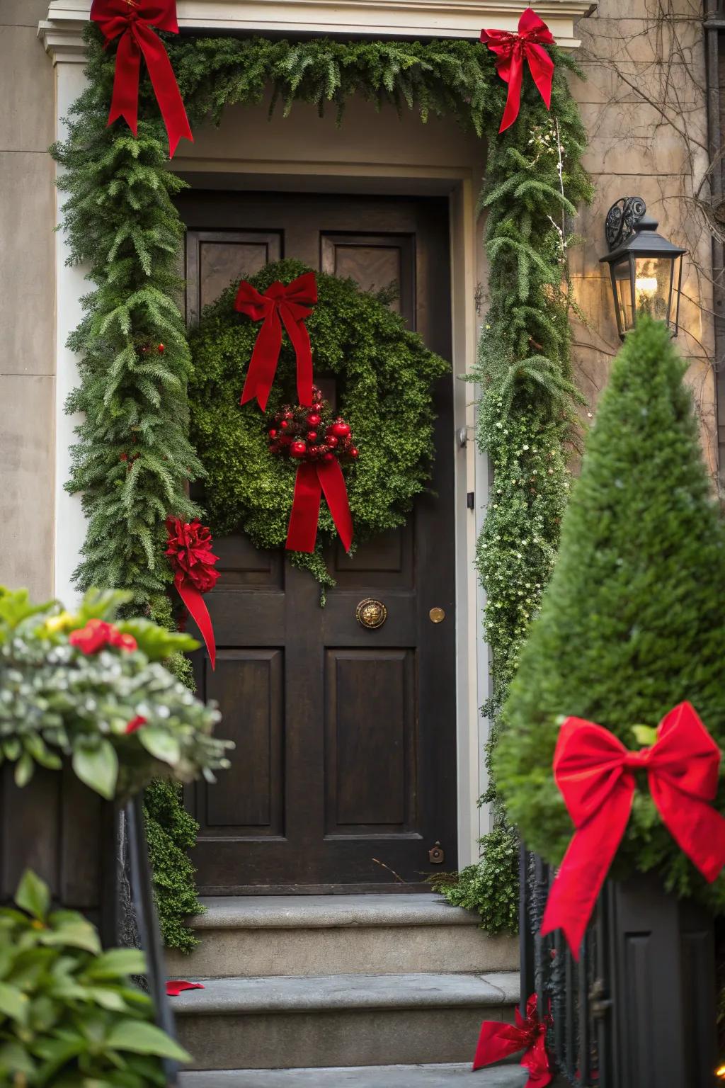 Greenery and red bows offer timeless tradition.