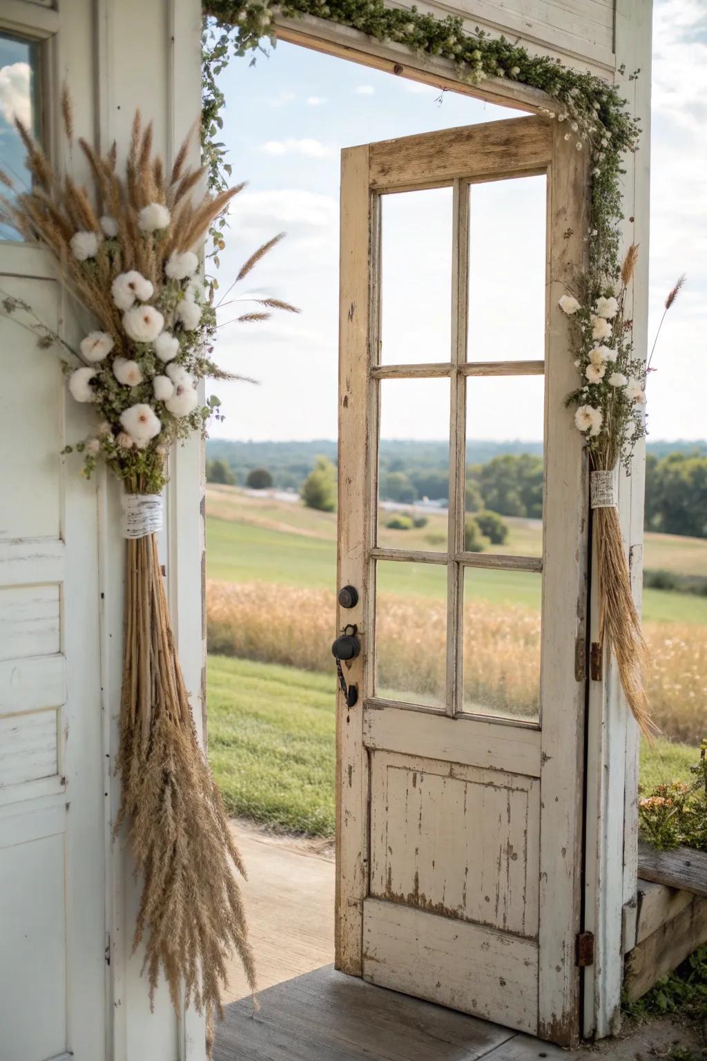 Cotton stems and wheat create farmhouse warmth.